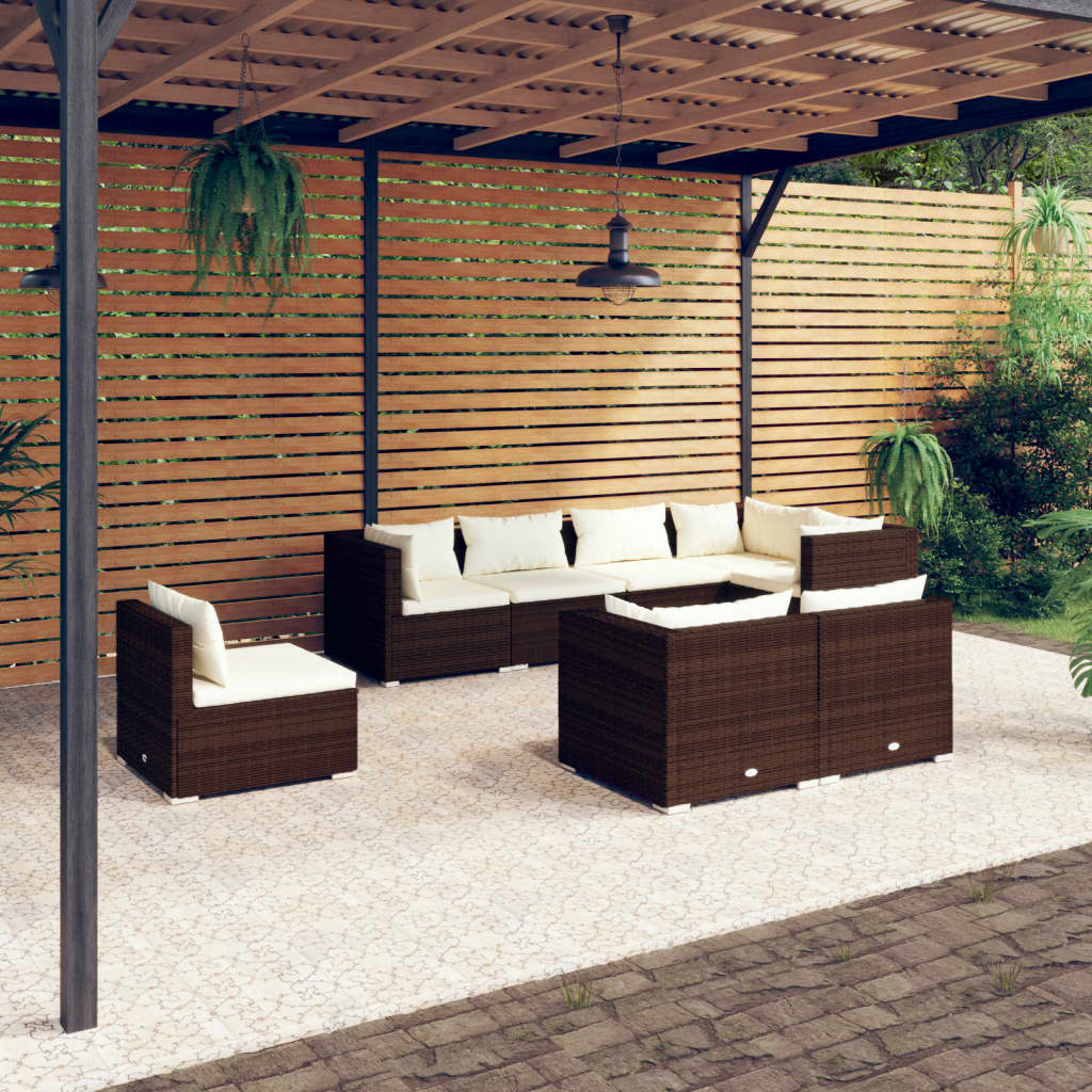 8-Delige Loungeset Met Kussens Poly Rattan Bruin 1 Bruin en crème 5x hoek + 3x midden