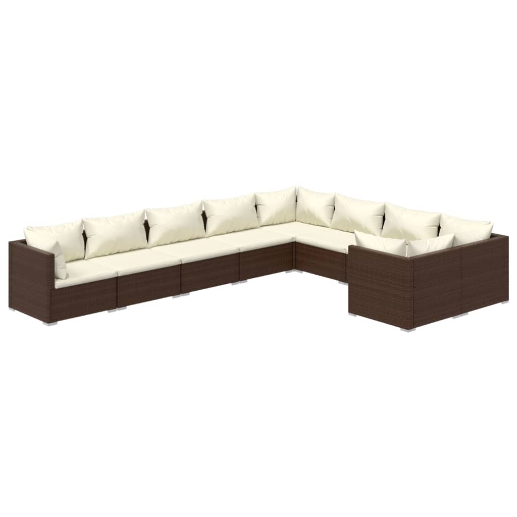 9-Delige Loungeset Met Kussens Poly Rattan Bruin 1 Bruin en crème 4x hoek + 5x midden