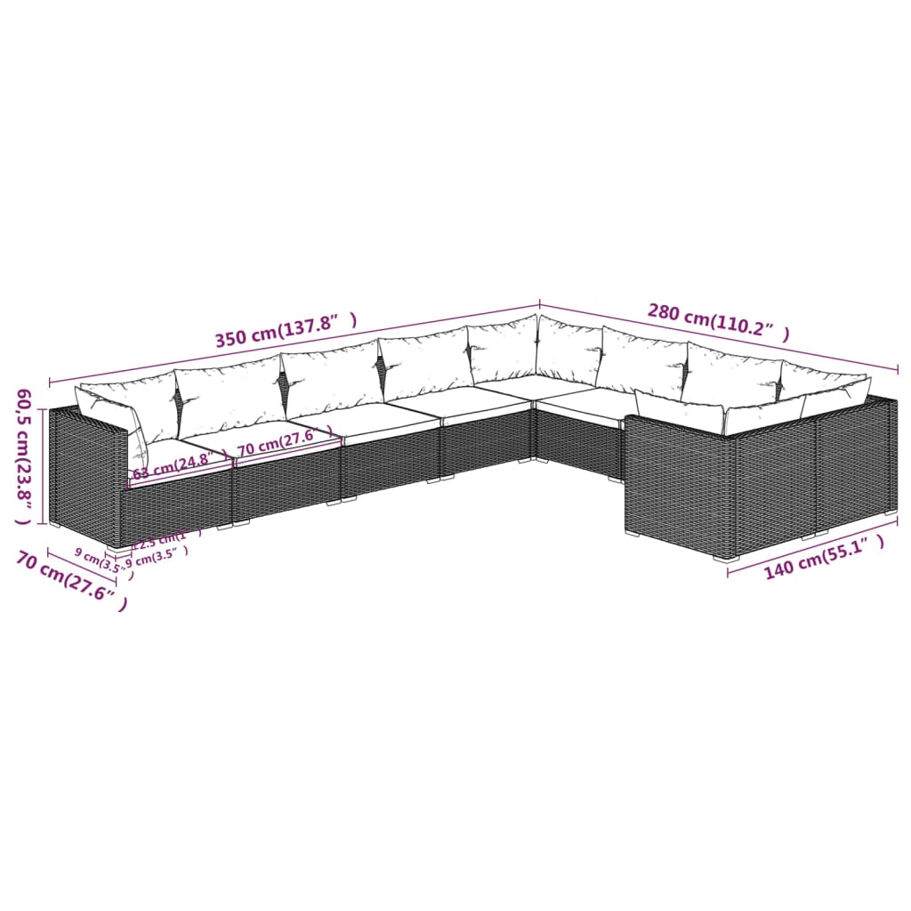 9-Delige Loungeset Met Kussens Poly Rattan Bruin 1 Bruin en crème 4x hoek + 5x midden