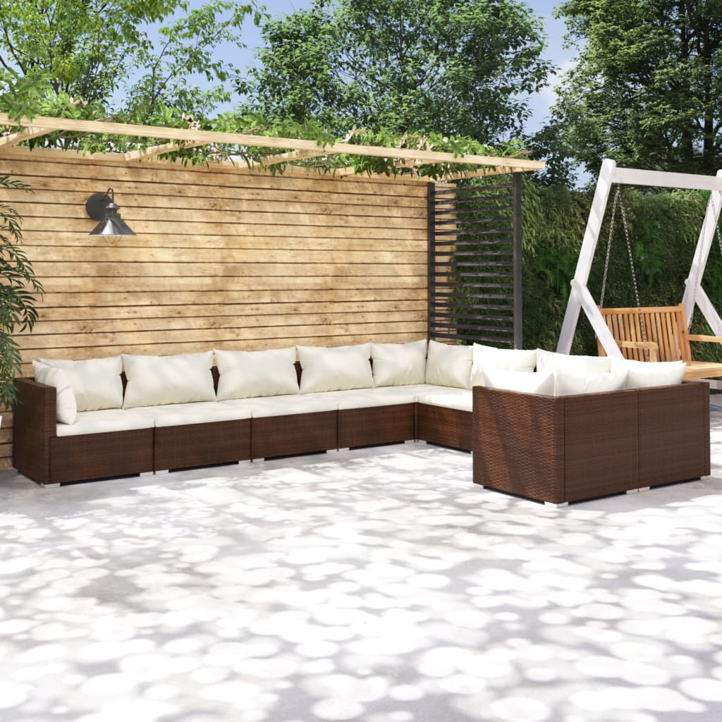 9-Delige Loungeset Met Kussens Poly Rattan Bruin 1 Bruin en crème 4x hoek + 5x midden