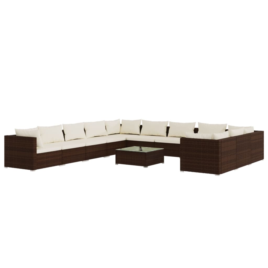 12-Delige Loungeset Met Kussens Poly Rattan Bruin Bruin en crème 4x hoek + 7x midden + Tafel