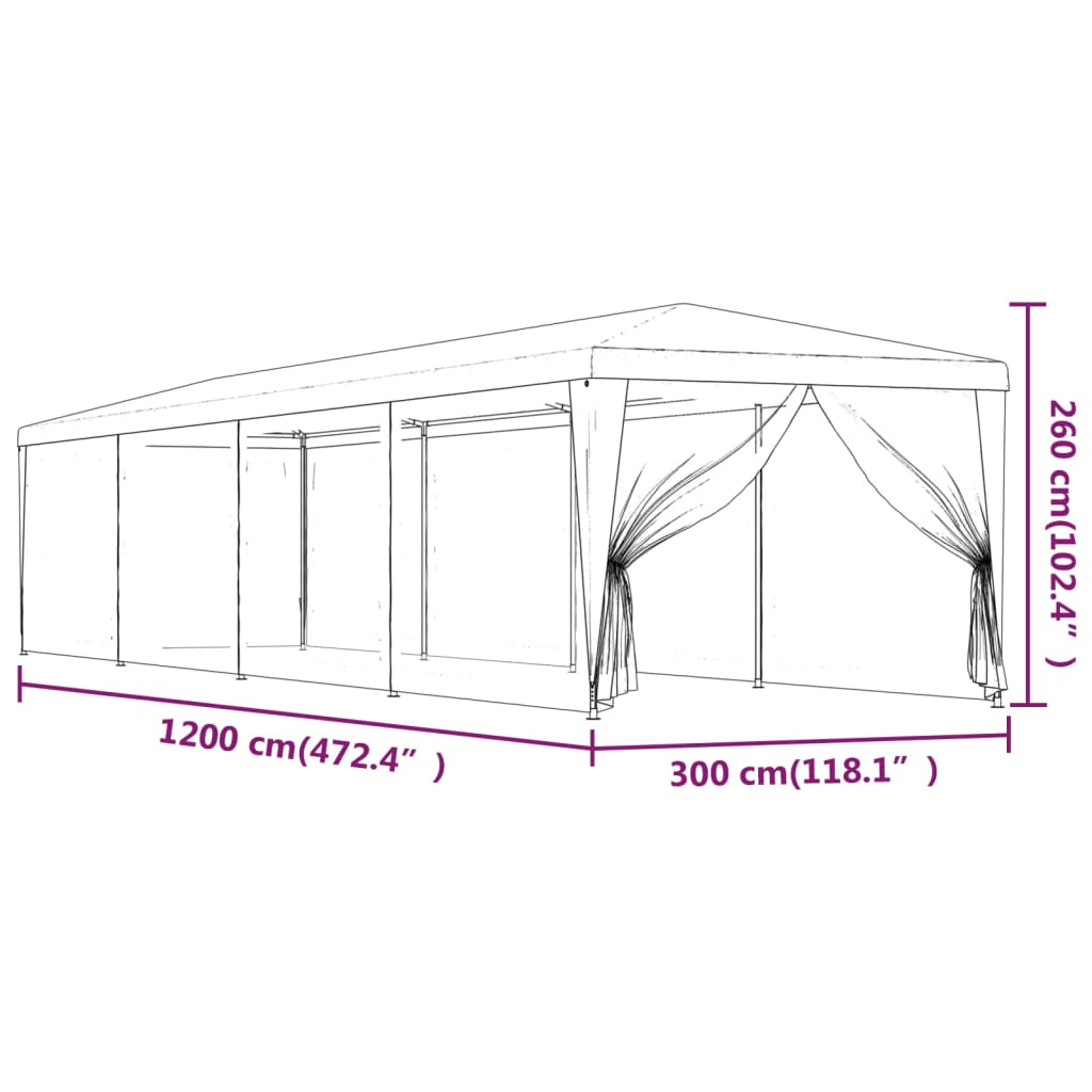 Partytent met 10 mesh zijwanden 3x12 m HDPE blauw