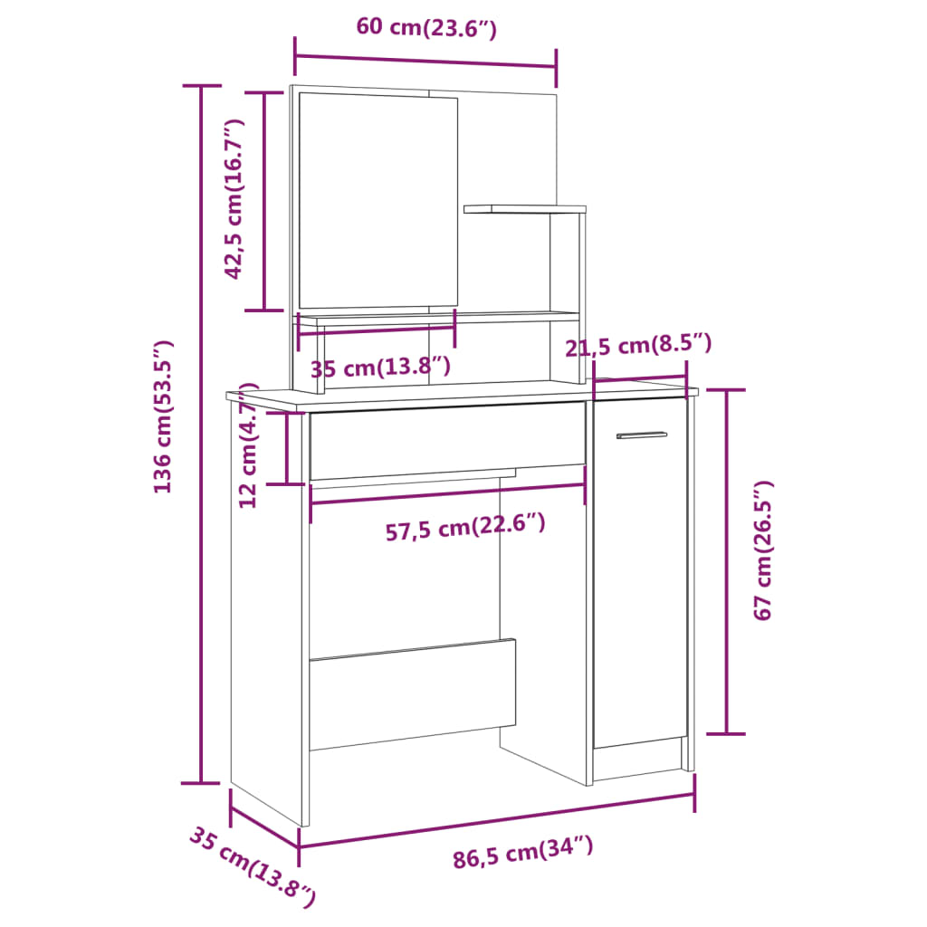 Kaptafelset 86,5x35x136 cm sonoma eikenkleurig