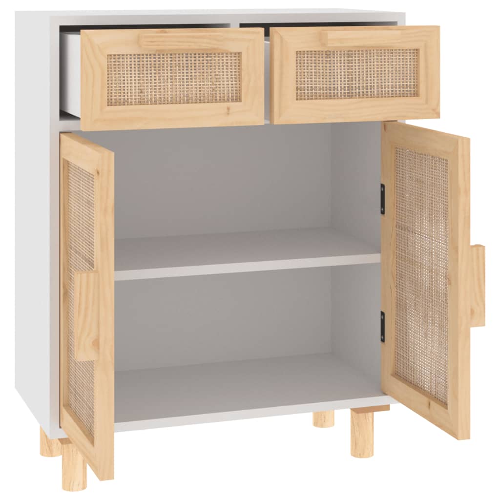 Dressoir 60X30X75 Cm Massief Grenenhout En Rattan Wit