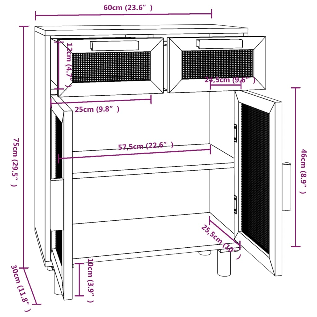 Dressoir 60X30X75 Cm Massief Grenenhout En Rattan Wit