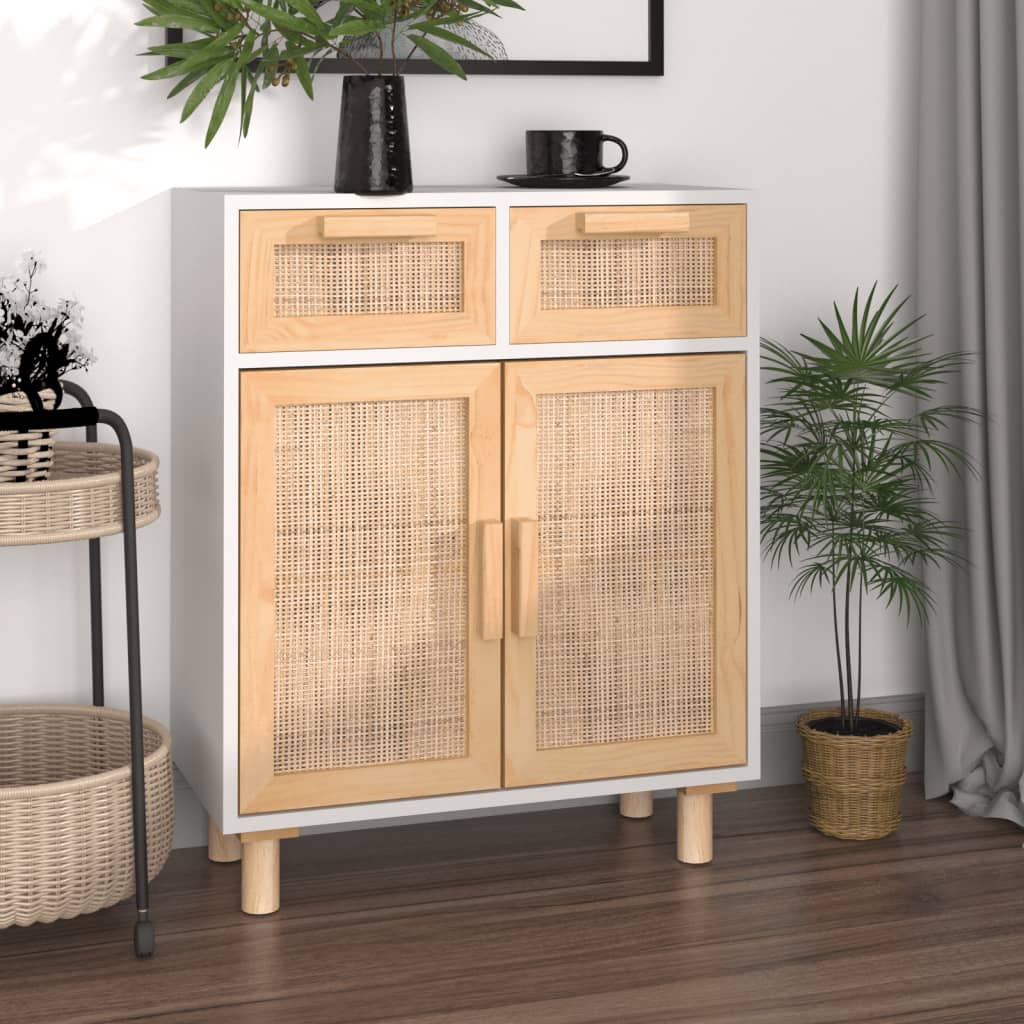 Dressoir 60X30X75 Cm Massief Grenenhout En Rattan Wit