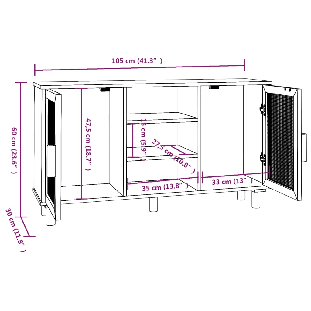 Dressoir 105X30X60 Cm Massief Grenen Hout En Rattan Zwart