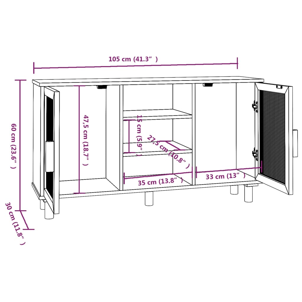 Dressoir 105X30X60 Cm Massief Grenenhout En Rattan Bruin