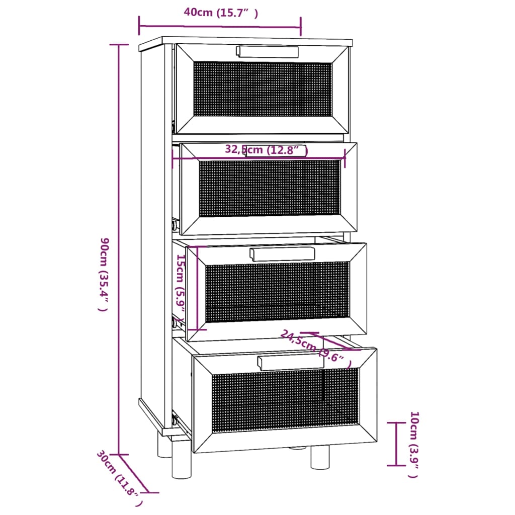 Dressoir 40X30X90 Cm Massief Grenenhout En Rattan Wit