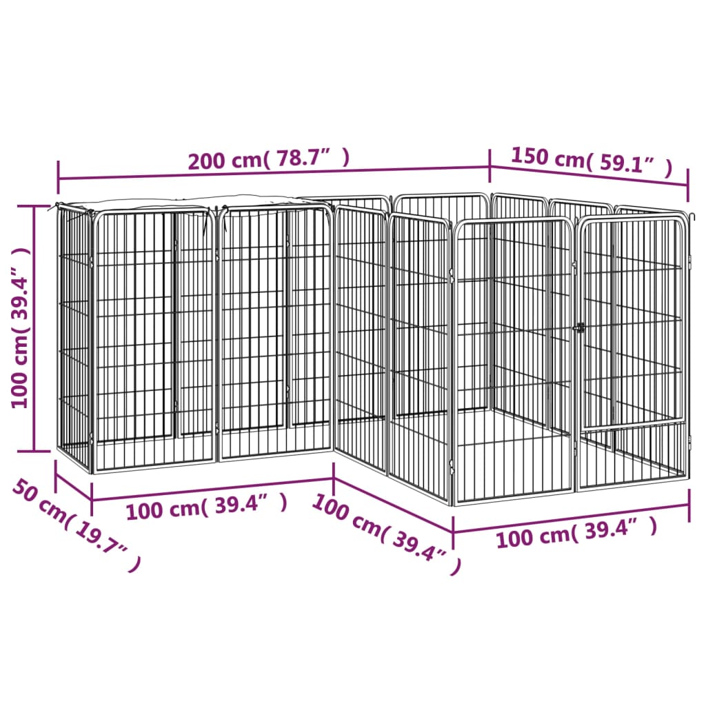 Hondenkennel 14 Panelen 50 X 100 Cm Gepoedercoat Staal Zwart 200 x 150 x 100 cm