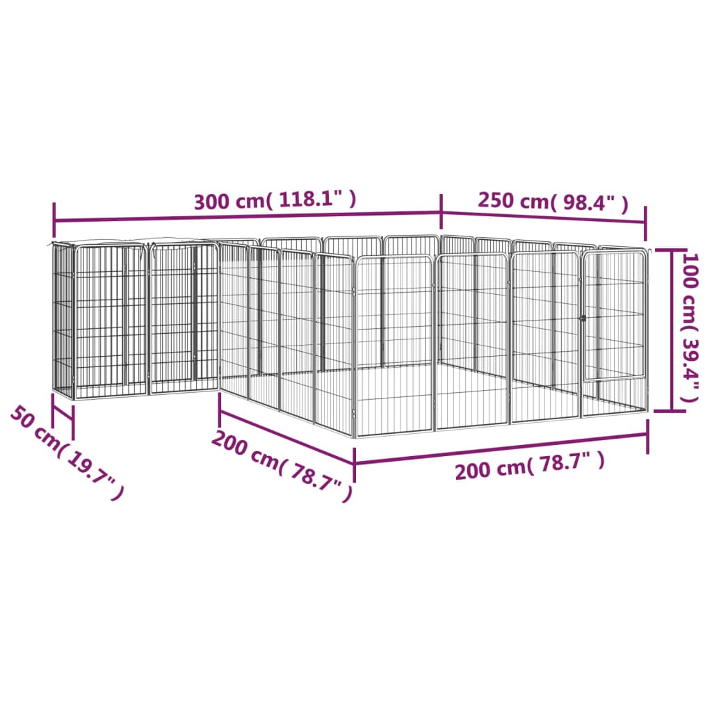 Hondenkennel 22 Panelen 50X100 Cm Gepoedercoat Staal Zwart 300 x 250 x 100 cm