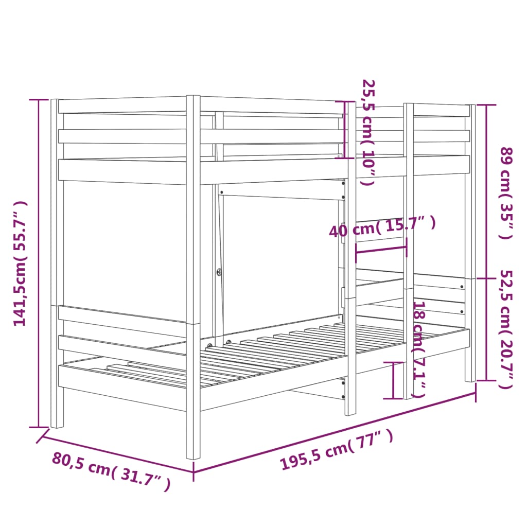 Stapelbed 75x190 cm massief grenenhout wit