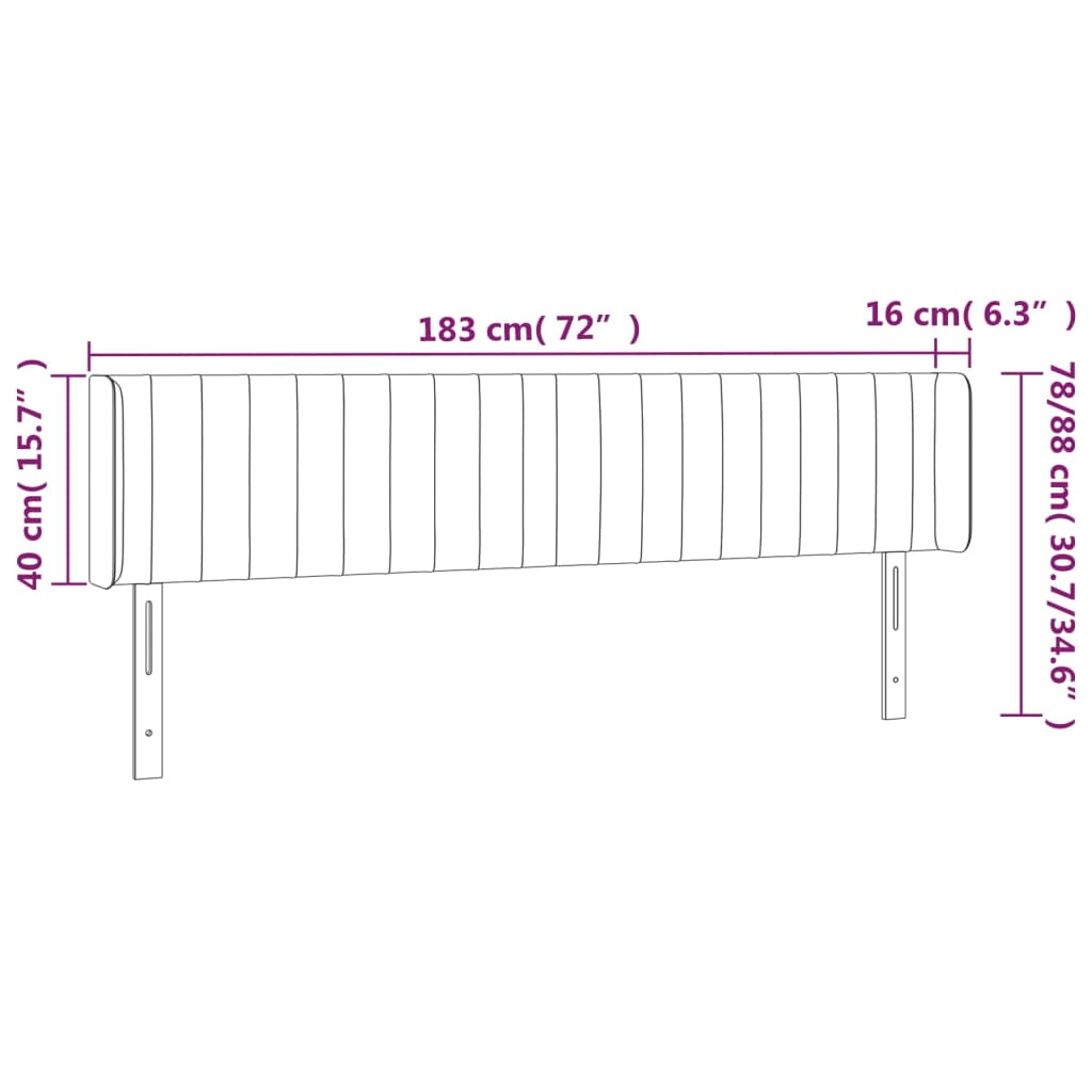 Hoofdbord met randen 183x16x78/88 cm fluweel lichtgrijs