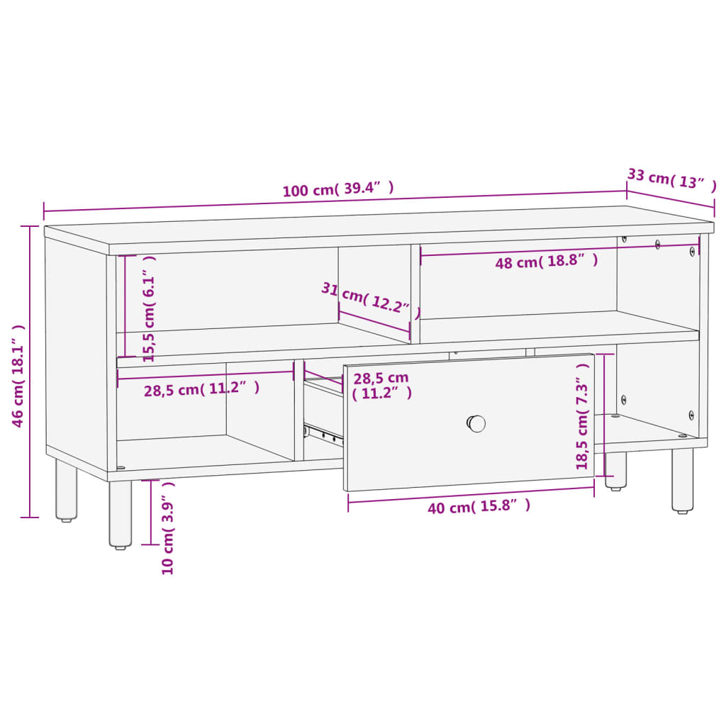 Tv-Meubel 00X33X46 Cm Zwart massief mangohout