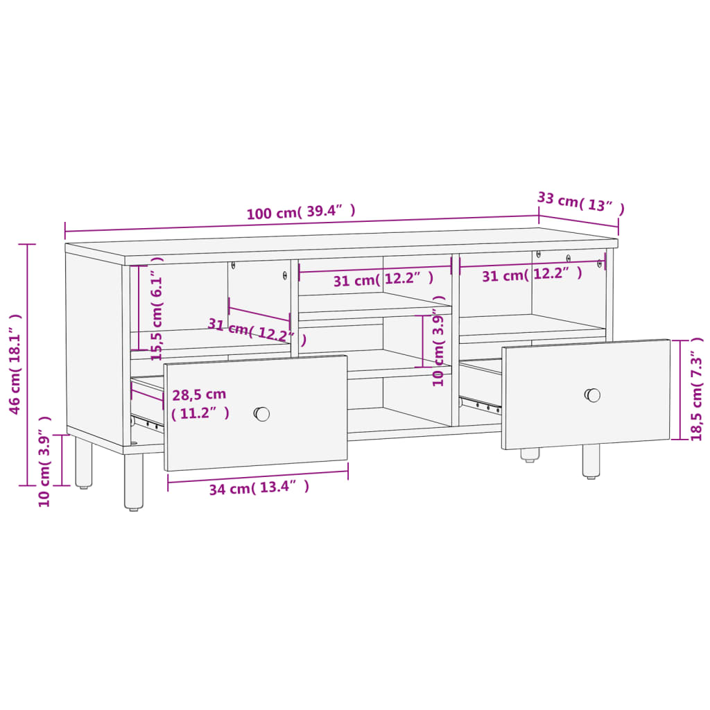 Tv-Meubel 00X33X46 Cm Zwart massief mangohout