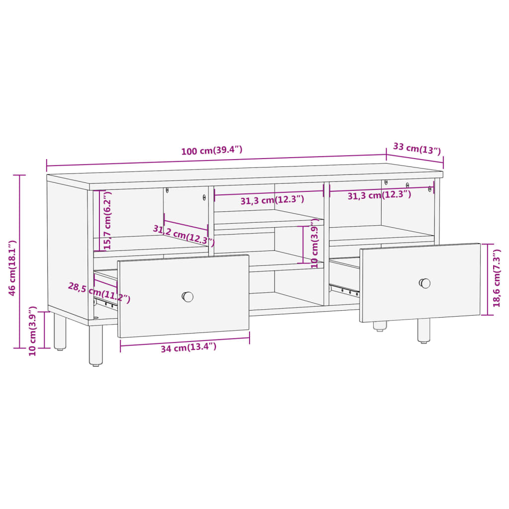 Tv-Meubel 100X33X46 Cm Massief Acaciahout