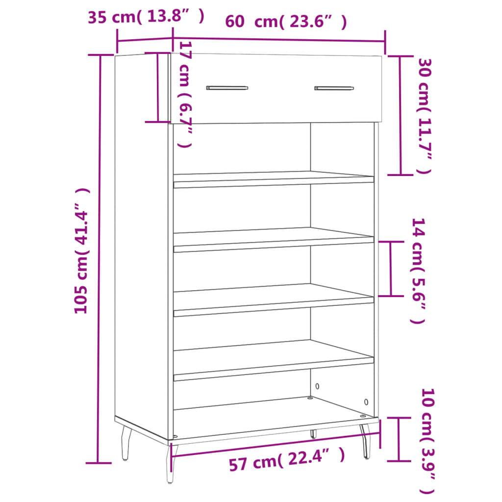 Schoenenkast 60X35X105 Cm Bewerkt Hout Hoogglans Wit