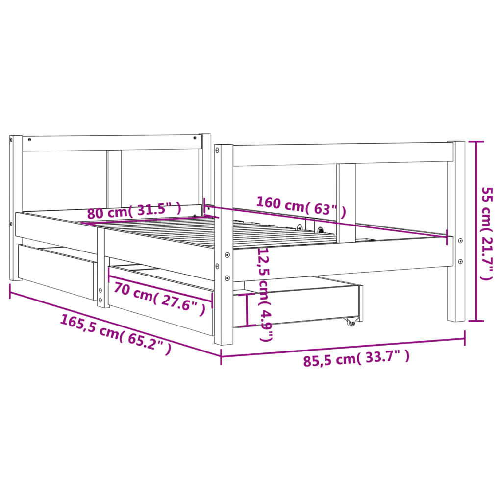 Kinderbedframe Met Lades 80X160 Cm Massief Grenenhout Wit 80 x 160 cm