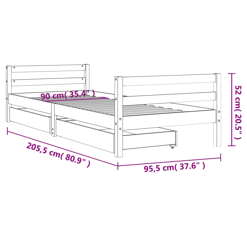 Kinderbedframe Met Lades 90X200 Cm Massief Grenenhout 90 x 200 cm Naturel