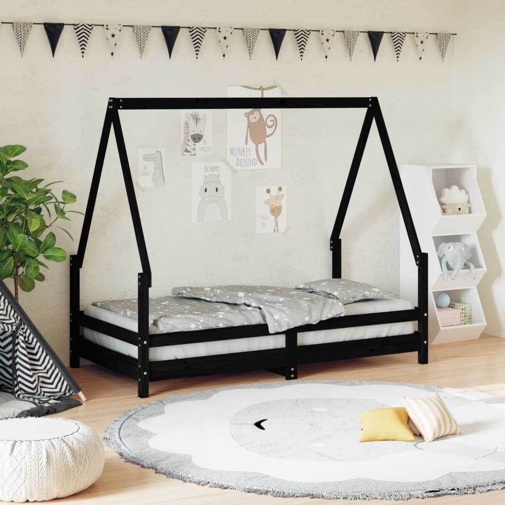 Kinderbedframe 80X160 Cm Massief Grenenhout Zwart 80 x 160 cm