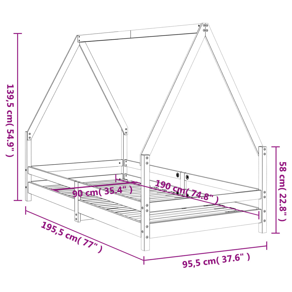 Kinderbedframe 90X190 Cm Massief Grenenhout Zwart 90 x 190 cm