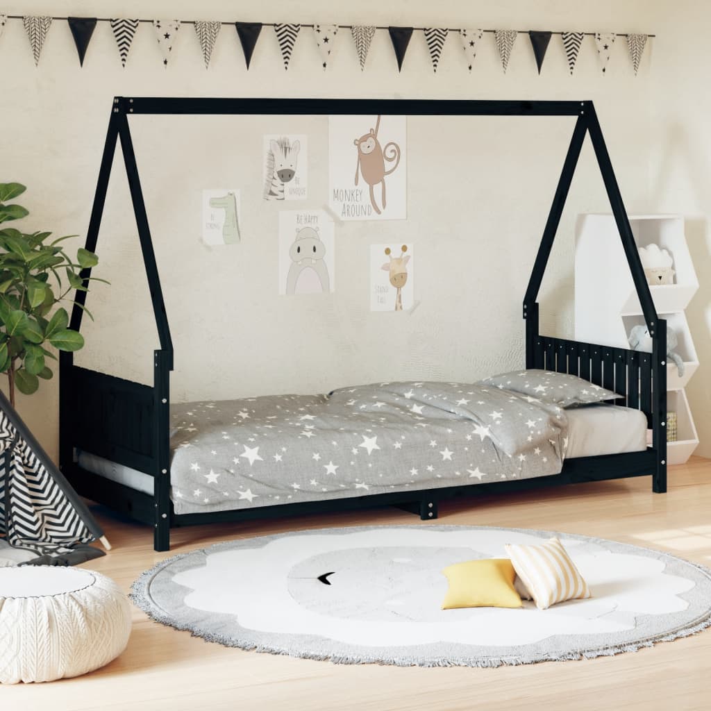 Kinderbedframe 80X200 Cm Massief Grenenhout Zwart 80 x 200 cm