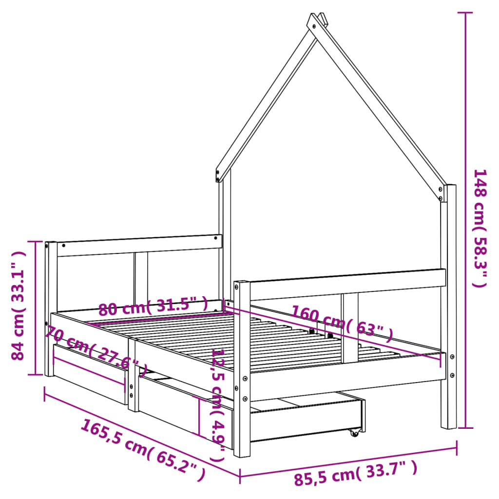 Kinderbedframe Met Lades 80X160 Cm Massief Grenenhout Wit 80 x 160 cm