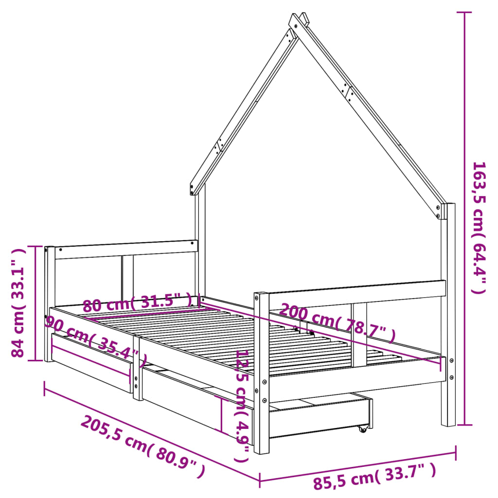 Kinderbedframe Met Lades 80X200 Cm Massief Grenenhout Wit 80 x 200 cm