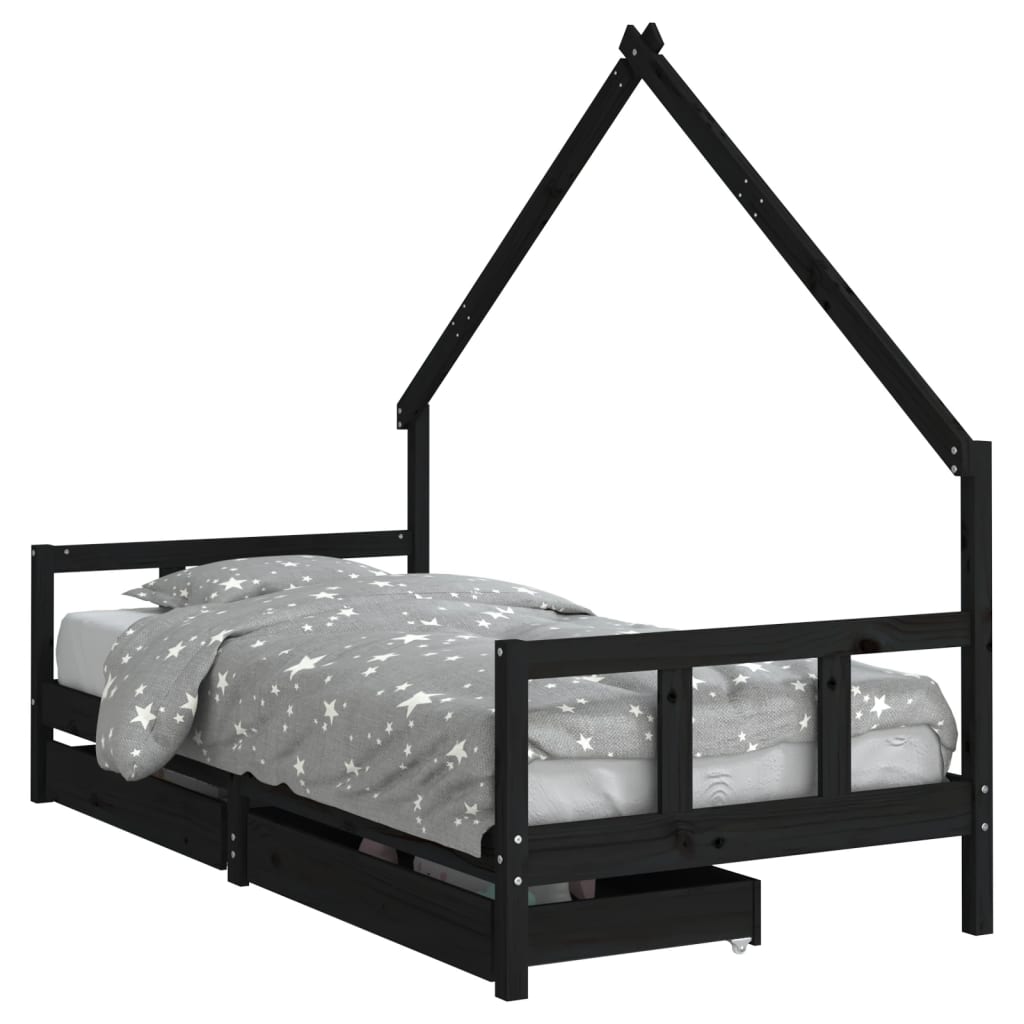 Kinderbedframe Met Lades 90X200 Cm Massief Grenenhout Zwart 90 x 200 cm