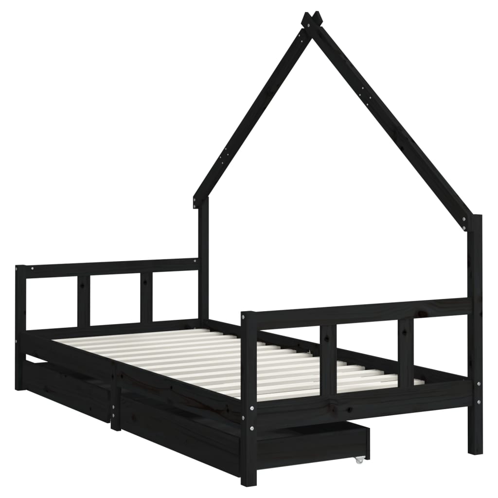 Kinderbedframe Met Lades 90X200 Cm Massief Grenenhout Zwart 90 x 200 cm