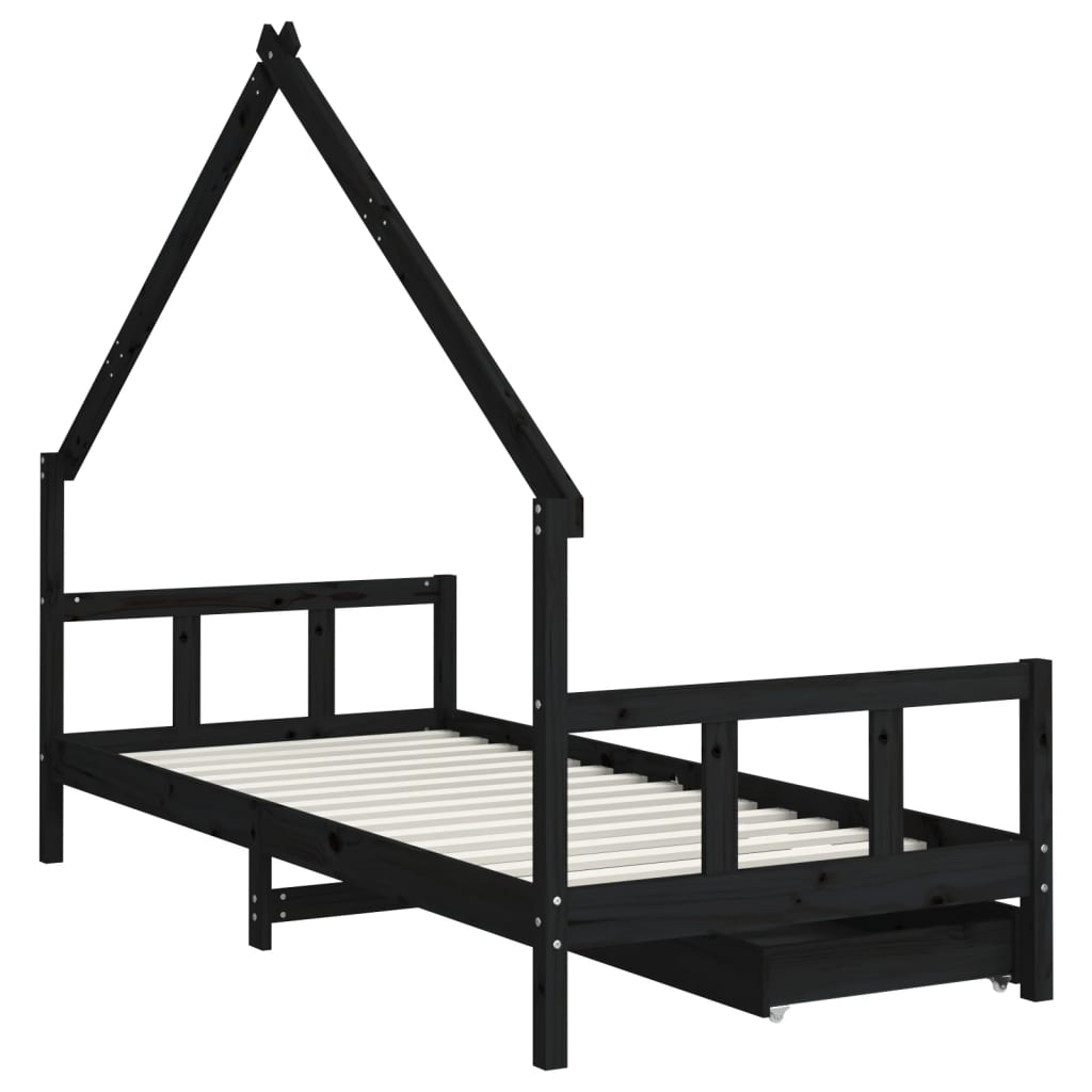 Kinderbedframe Met Lades 90X200 Cm Massief Grenenhout Zwart 90 x 200 cm