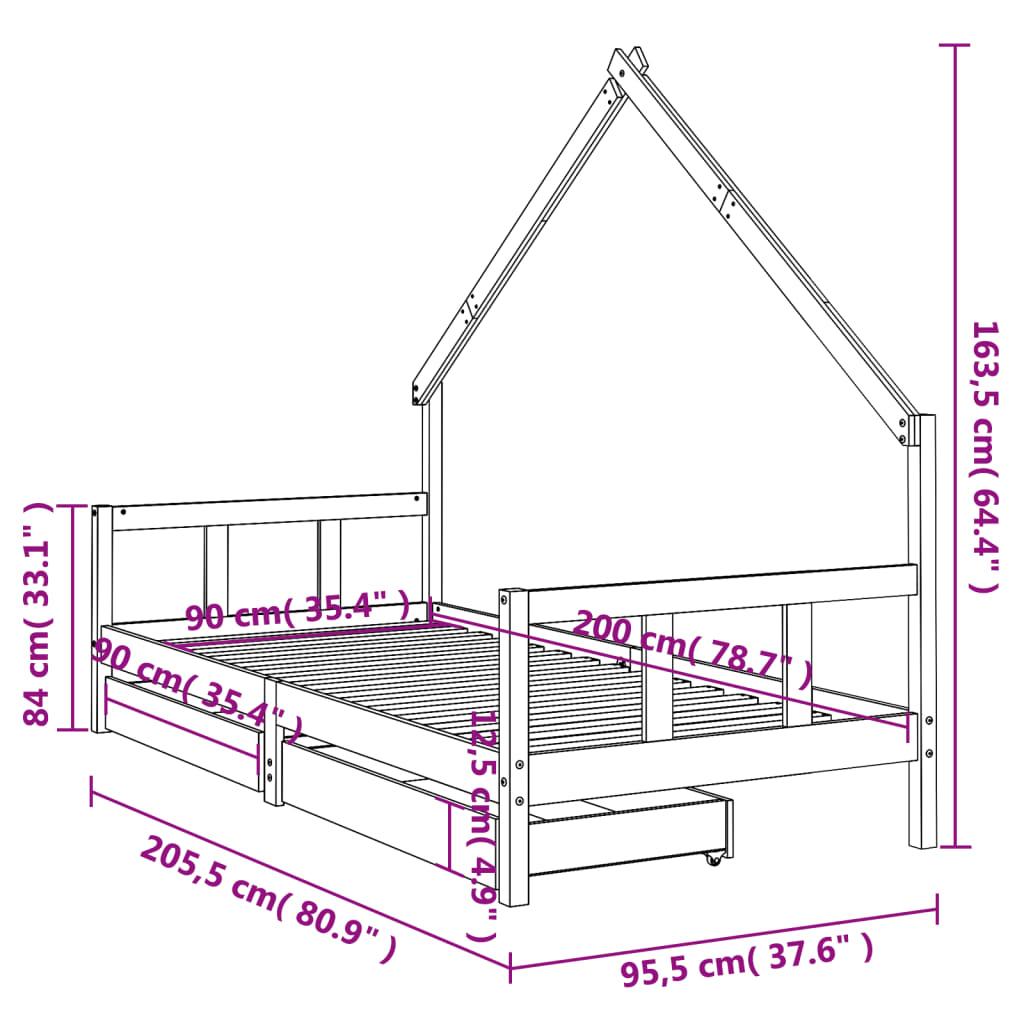 Kinderbedframe Met Lades 90X200 Cm Massief Grenenhout Zwart 90 x 200 cm