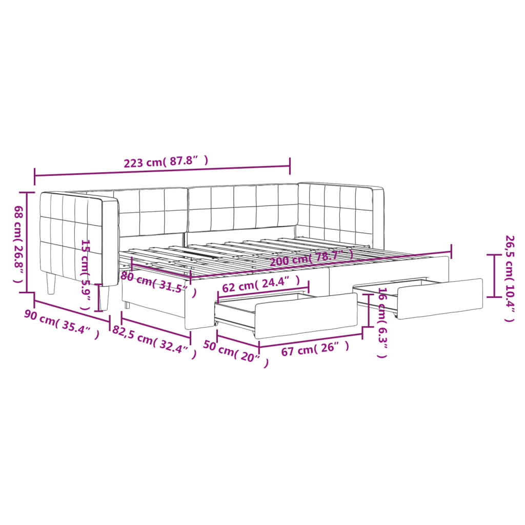 Slaapbank onderschuifbed en lades 80x200 cm fluweel donkergrijs