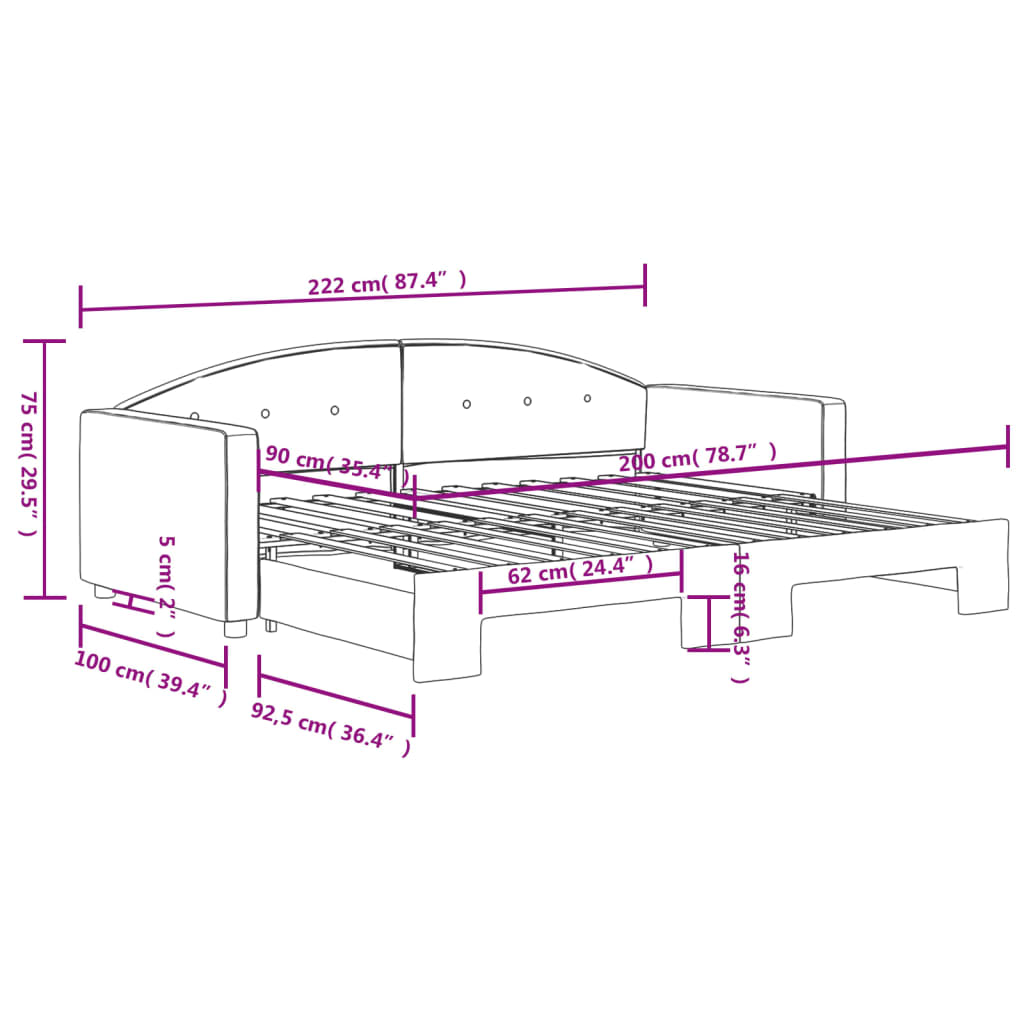 Slaapbank met onderschuifbed 90x200 cm fluweel donkergrijs