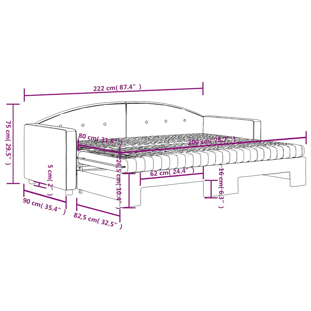 Slaapbank onderschuifbed matrassen 80x200cm fluweel donkergrijs