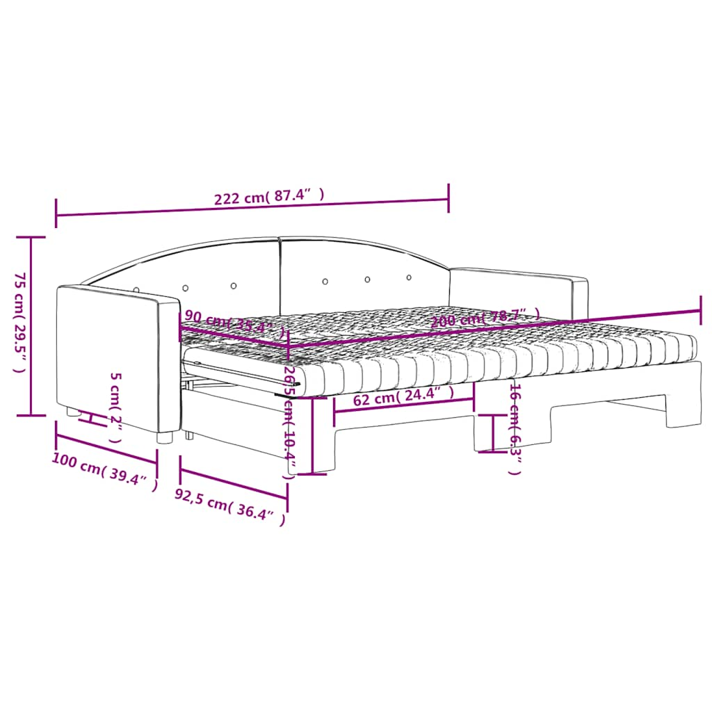 Slaapbank onderschuifbed matrassen 90x200cm fluweel donkergrijs