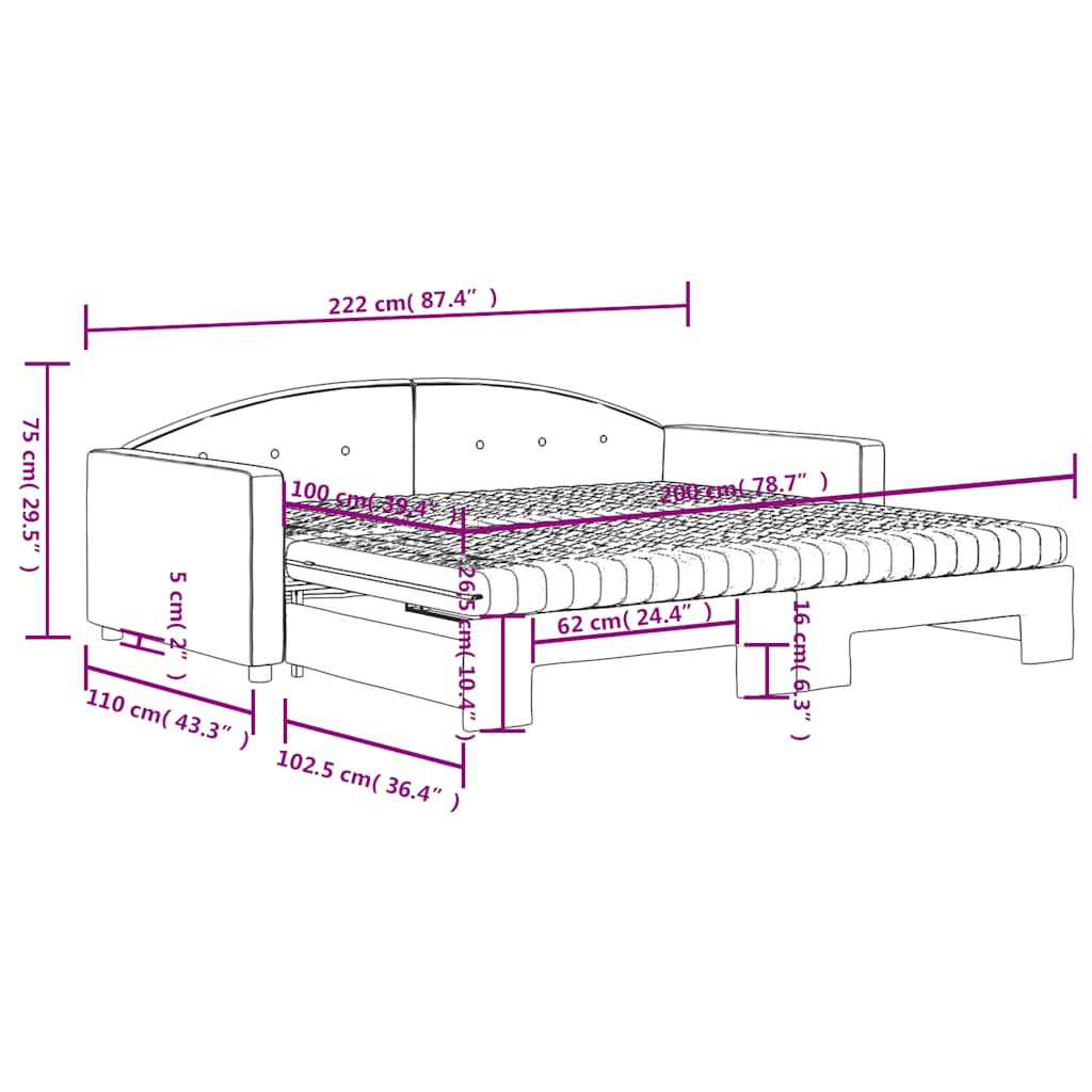 Slaapbank onderschuifbed matrassen 100x200cm fluweeldonkergrijs