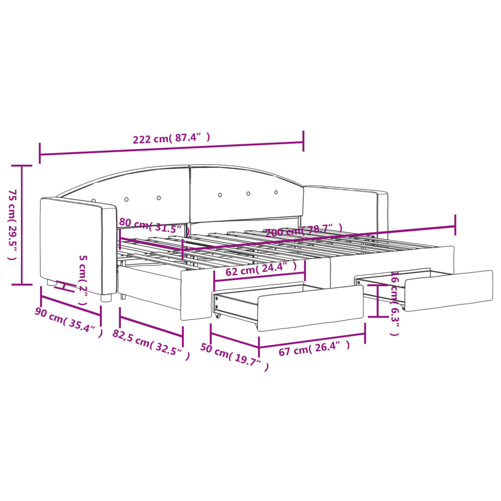 Slaapbank onderschuifbed en lades 80x200 cm fluweel donkergrijs