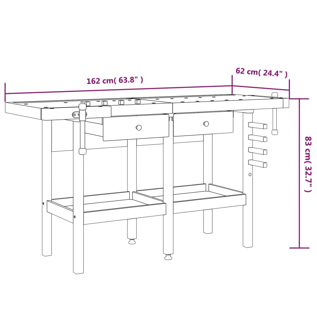 Werkbank Met Lades En Bankschroeven 62X62X83 Cm Acaciahout zonder kast