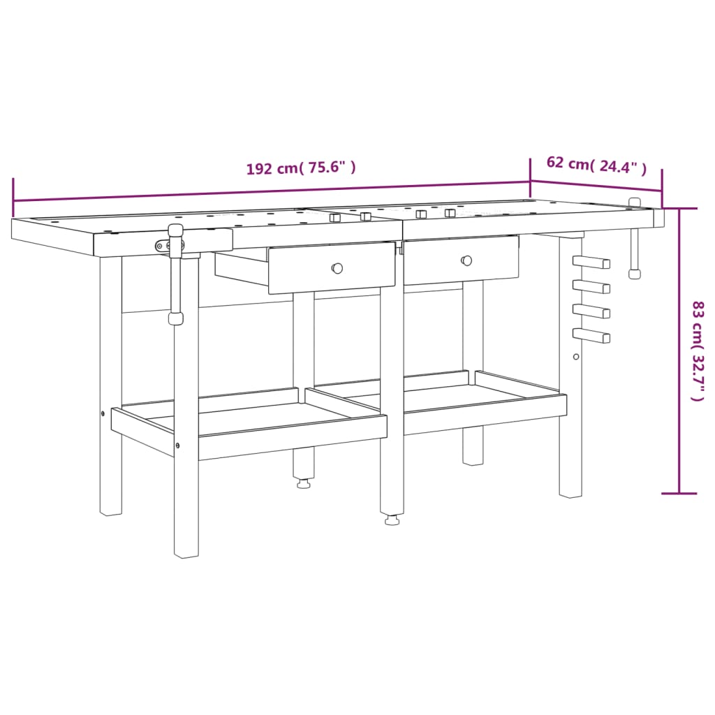 Werkbank Met Lades En Bankschroeven 192X62X83 Cm Acaciahout zonder kast