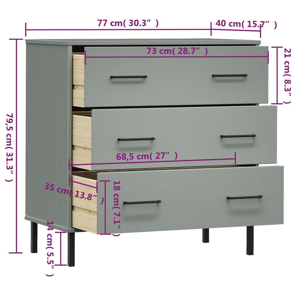 Dressoir met 3 lades OSLO 77x40x79,5 cm massief hout grijs