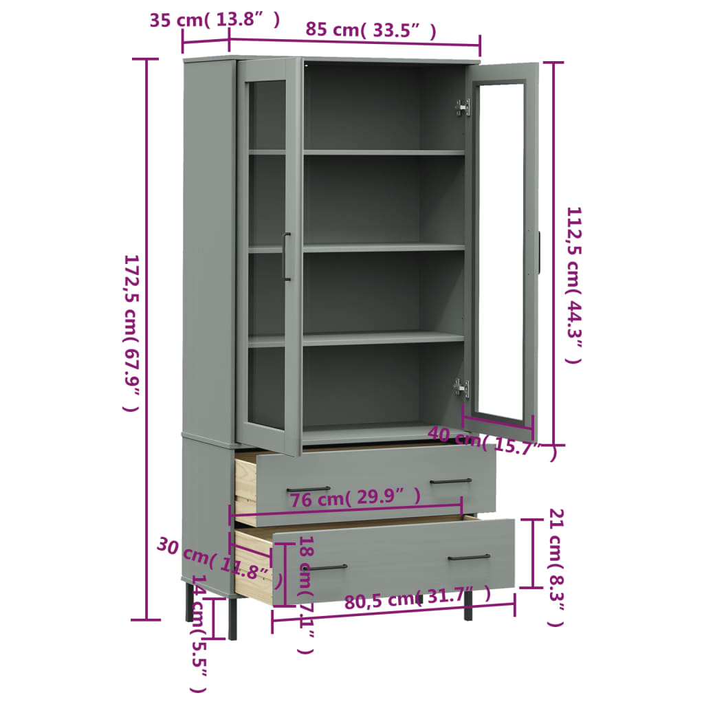 Boekenkast met metalen poten OSLO 85x35x172,5 cm hout grijs