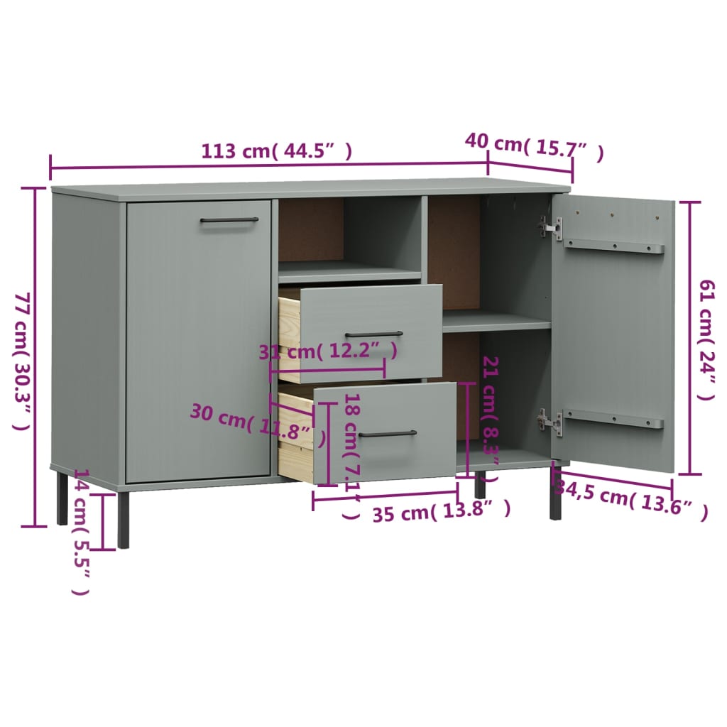 Dressoir met metalen poten OSLO 113x40x77 cm grenenhout grijs