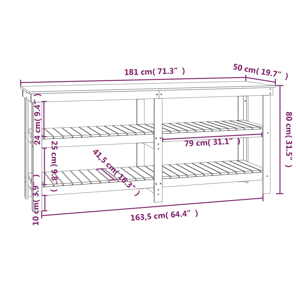 Werkbank Massief Grenenhout 181 x 50 x 80 cm Grijs