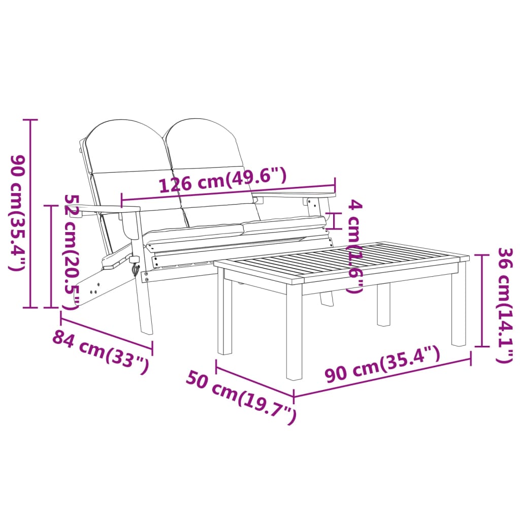 3-Delige Loungeset Adirondack Massief Acaciahout 1 Wit 2x Bank + Tafel