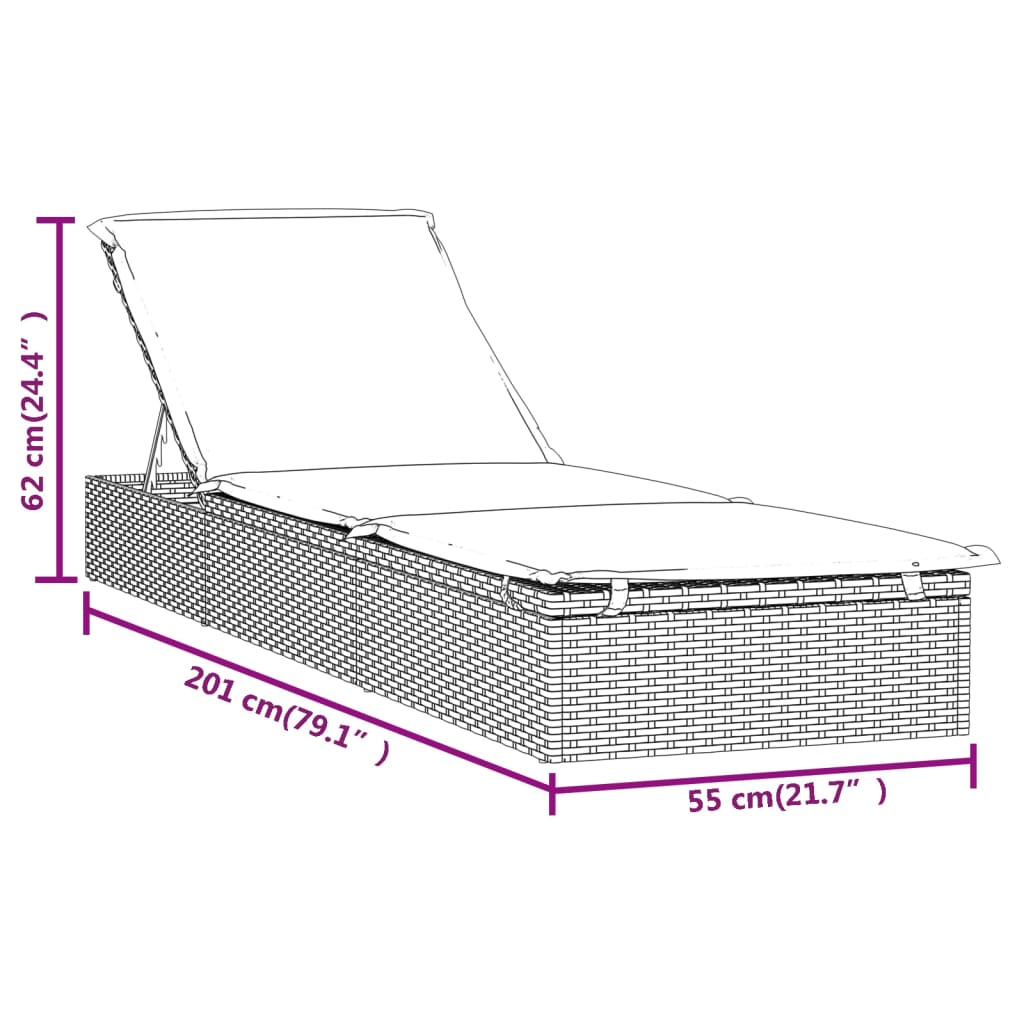 Ligbed Met Kussen 20X55X62 Cm Poly Rattan 1 Grijs