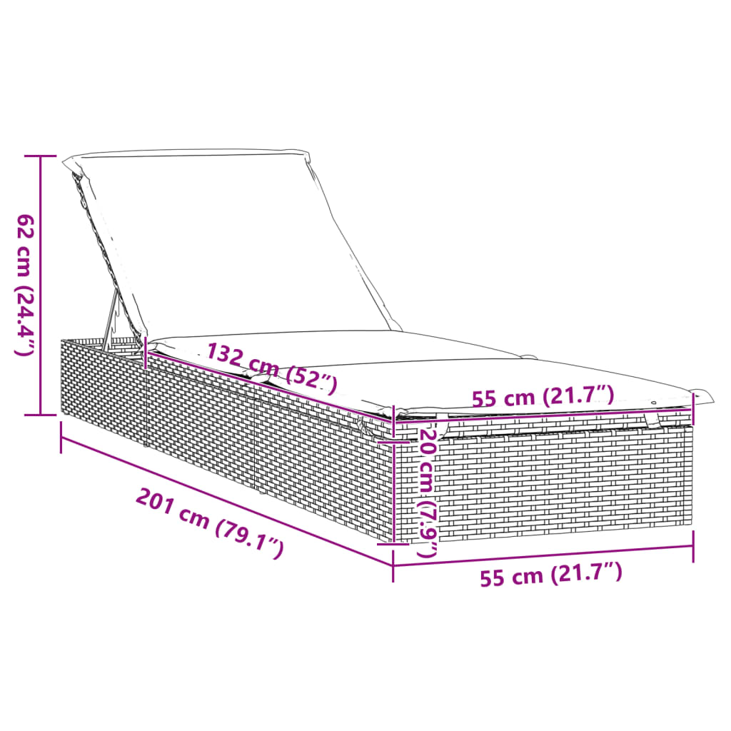 Ligbed met kussen 1 st 201x55x62 cm poly rattan zwart