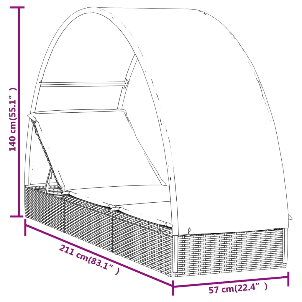 Ligbed Met Rond Dak 2X57X40 Cm Poly Rattan Grijs