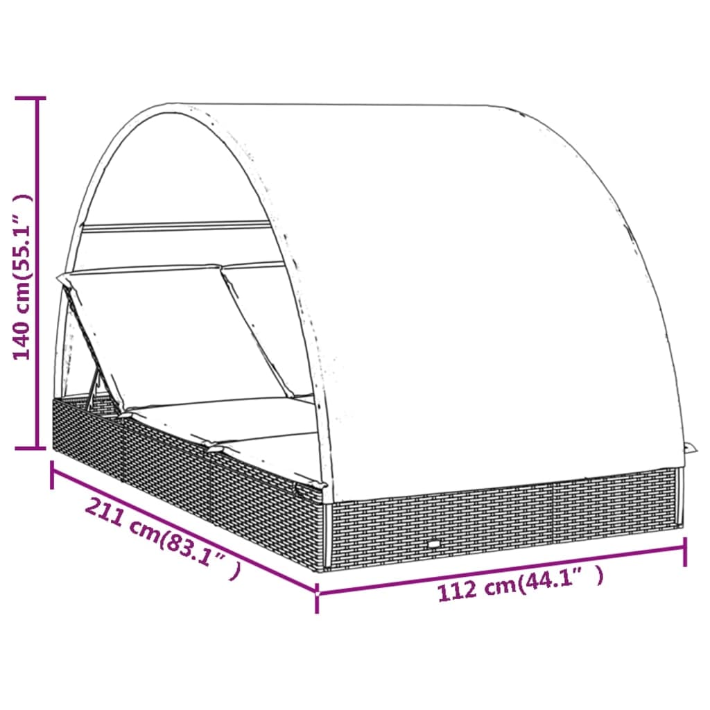 Ligbed 2-Persoons Met Rond Dak 2X2X40 Cm Poly Rattan Grijs