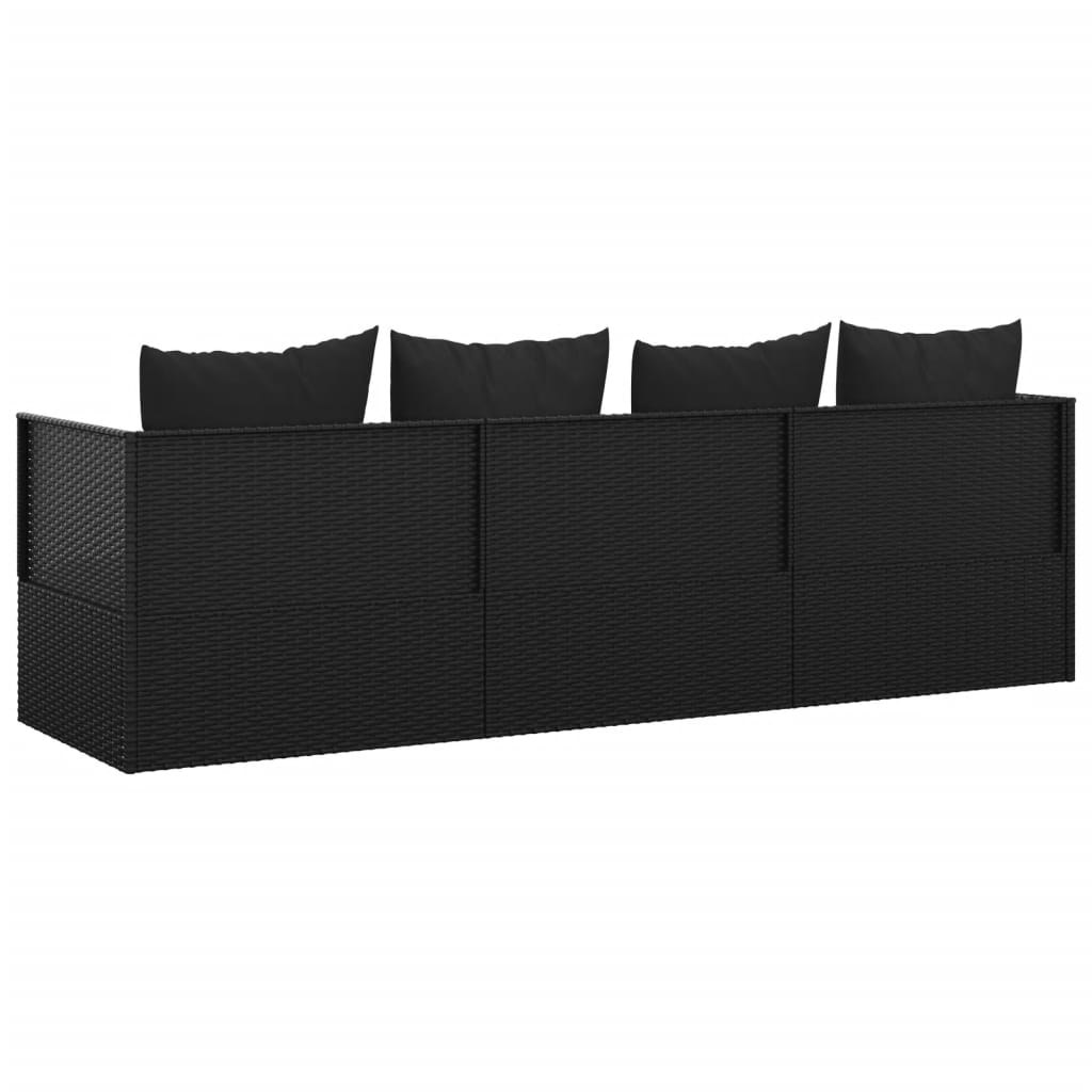 Loungebed met kussens poly rattan zwart